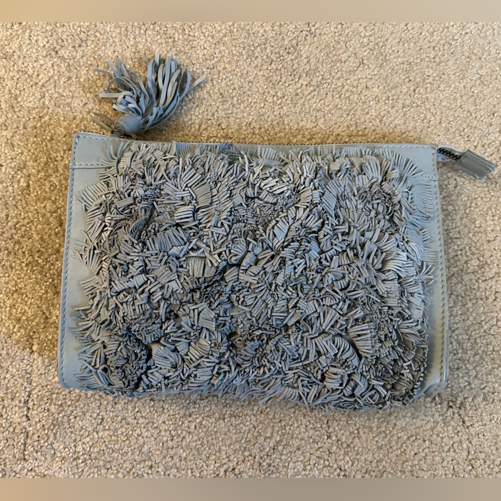 9.5”x6.5” grey/blue leather clutch from Anthropologie